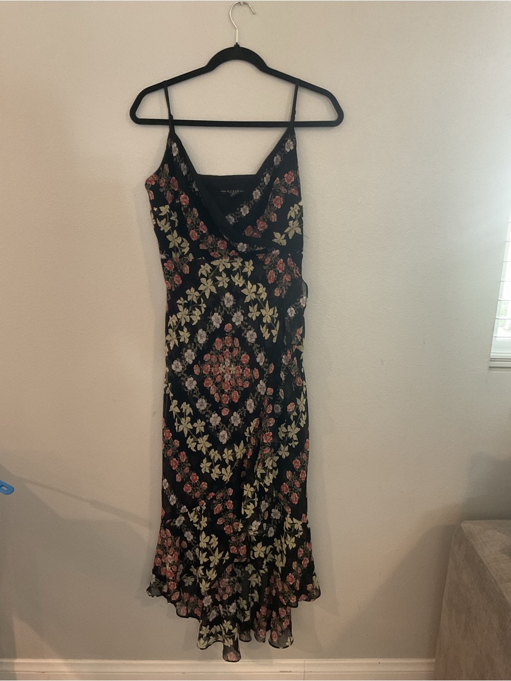 Guess Black Floral Maxi Slip Dress with Pink and Cream Blooms Kentucky Derby